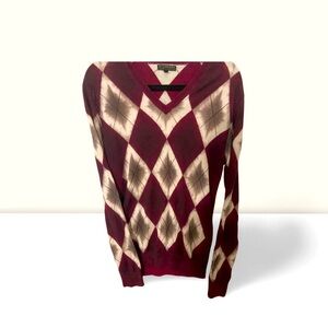 Burberry Sweater Mens Medium Maroon Argyle Long Sleeve VTG Jumper V Neck